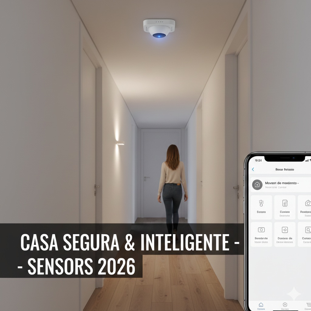 Smartphone mostrando aplicativo de casa inteligente com sensor de presença instalado em corredor moderno 2026