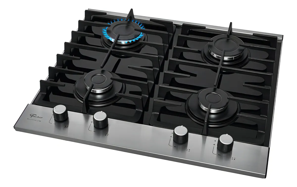 Cooktop a Gás Fischer 4 Bocas Platinium com Trempe de ferro fundido Mesa Vidro