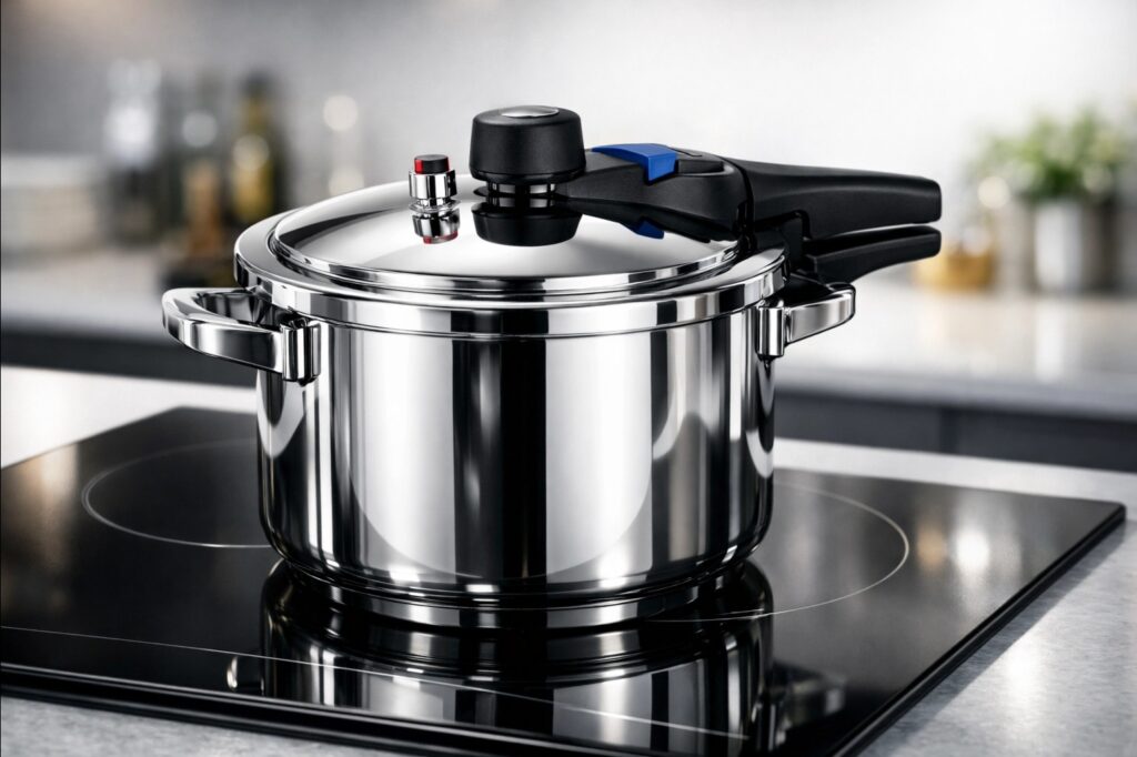 Panelas de Pressão Inox Com Fundo Triplo em um Fogão a Indução ligado